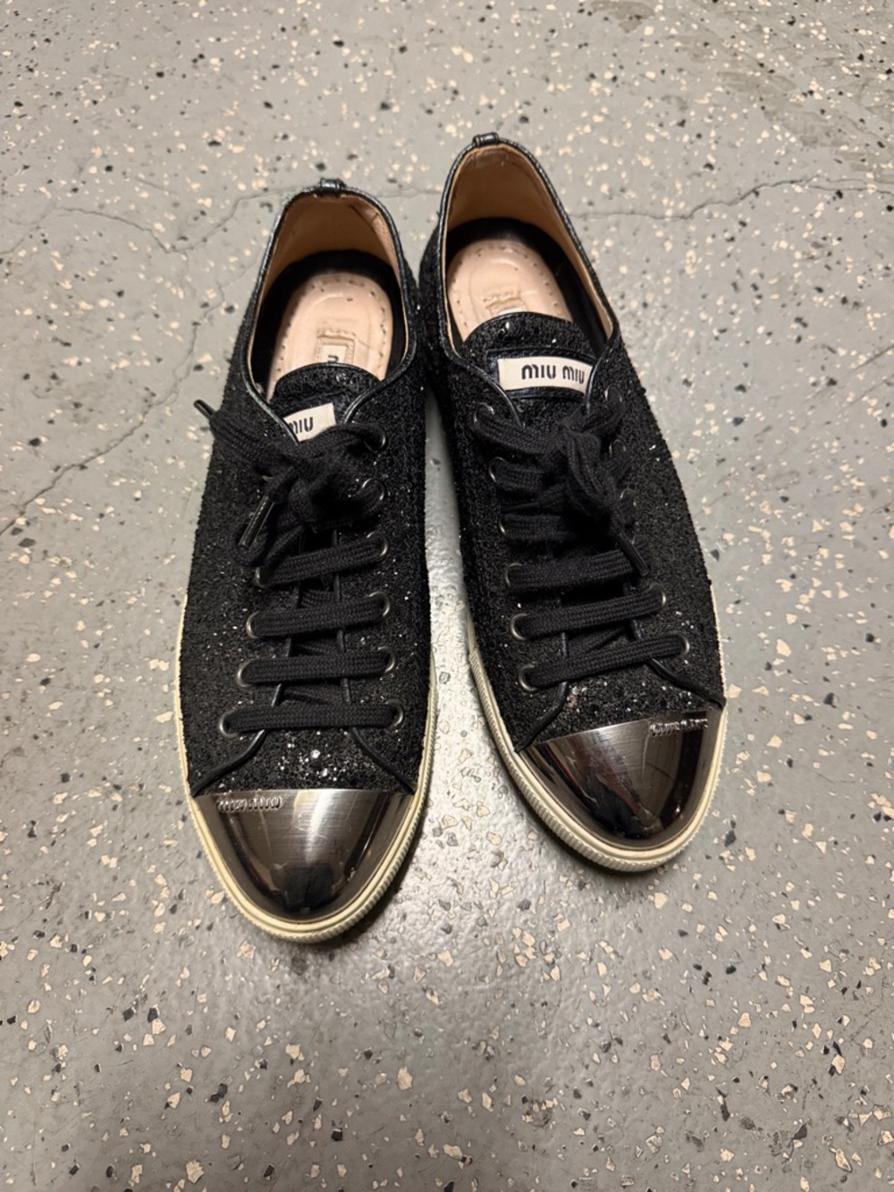 Miu Miu Black Glitter Lace-Up Sneakers with Metallic Silver Cap Toe